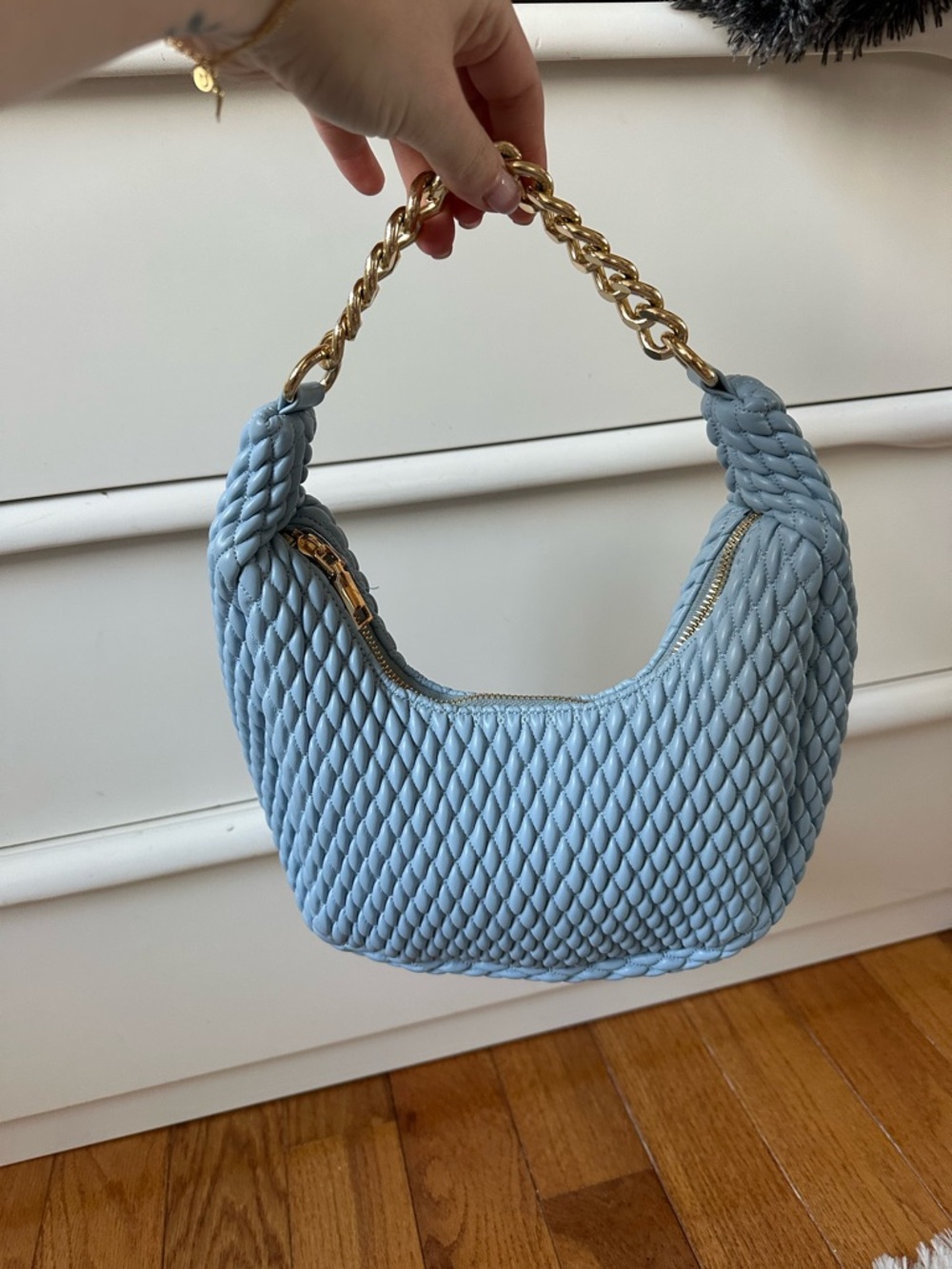 Urban Expressions Sky Blue Quilted Shoulder Bag with Gold Chain